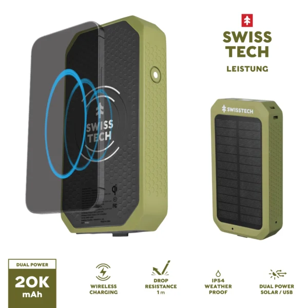 Swiss Tech 20000 mAh Wireless Power Bank with Flashlight and Charging Pad, IP54 Weatherproof - Image 2